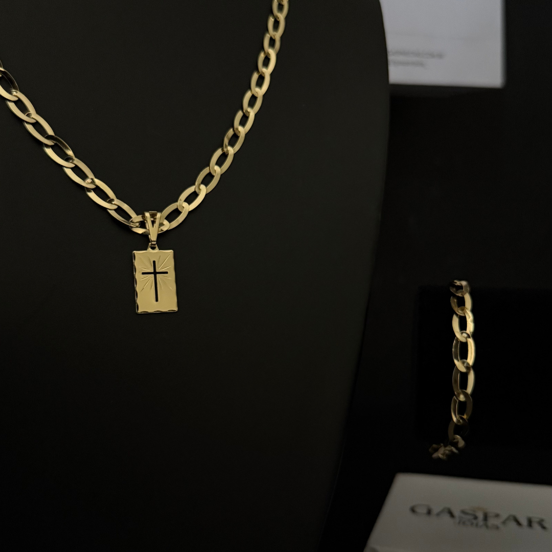Kit Completo, Corrente e Pulseira Chapeada Laminada 6mm + Pingente Placa Cruz - Moeda Antiga Italiana + Verniz + Banho de 10 Millessimos Ouro