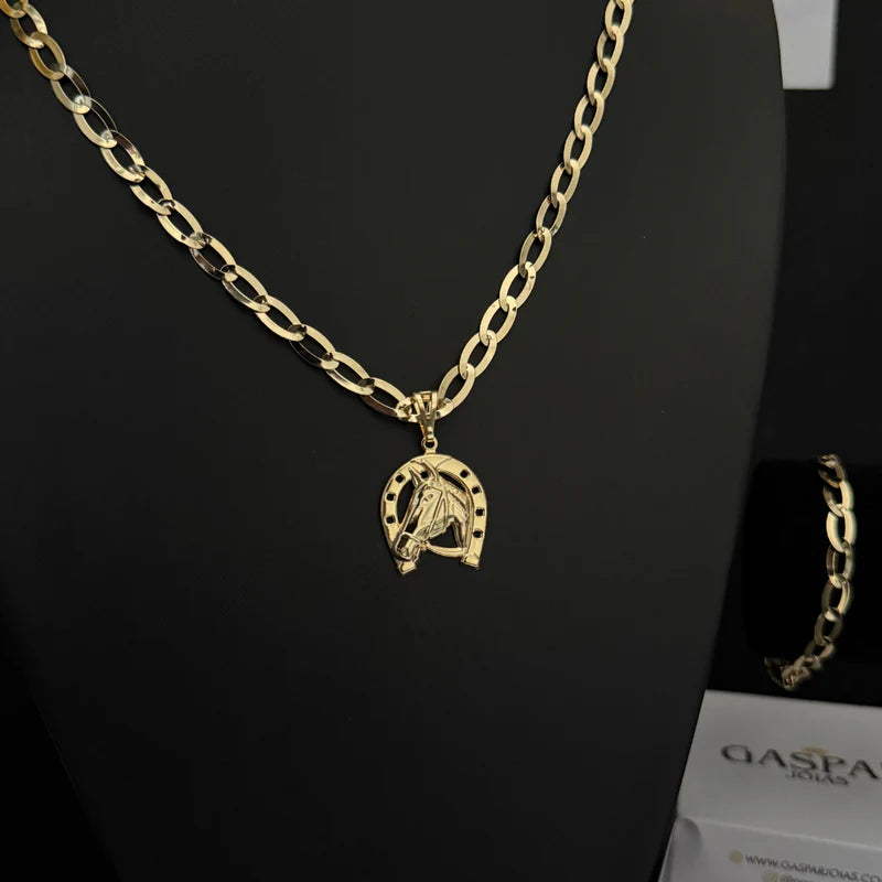 Kit Corrente e Pulseira Chapeada 6mm - MOEDA ANTIGA IDENTICO AO OURO 18K - (PINGENTE CAVALO DE BRINDE)