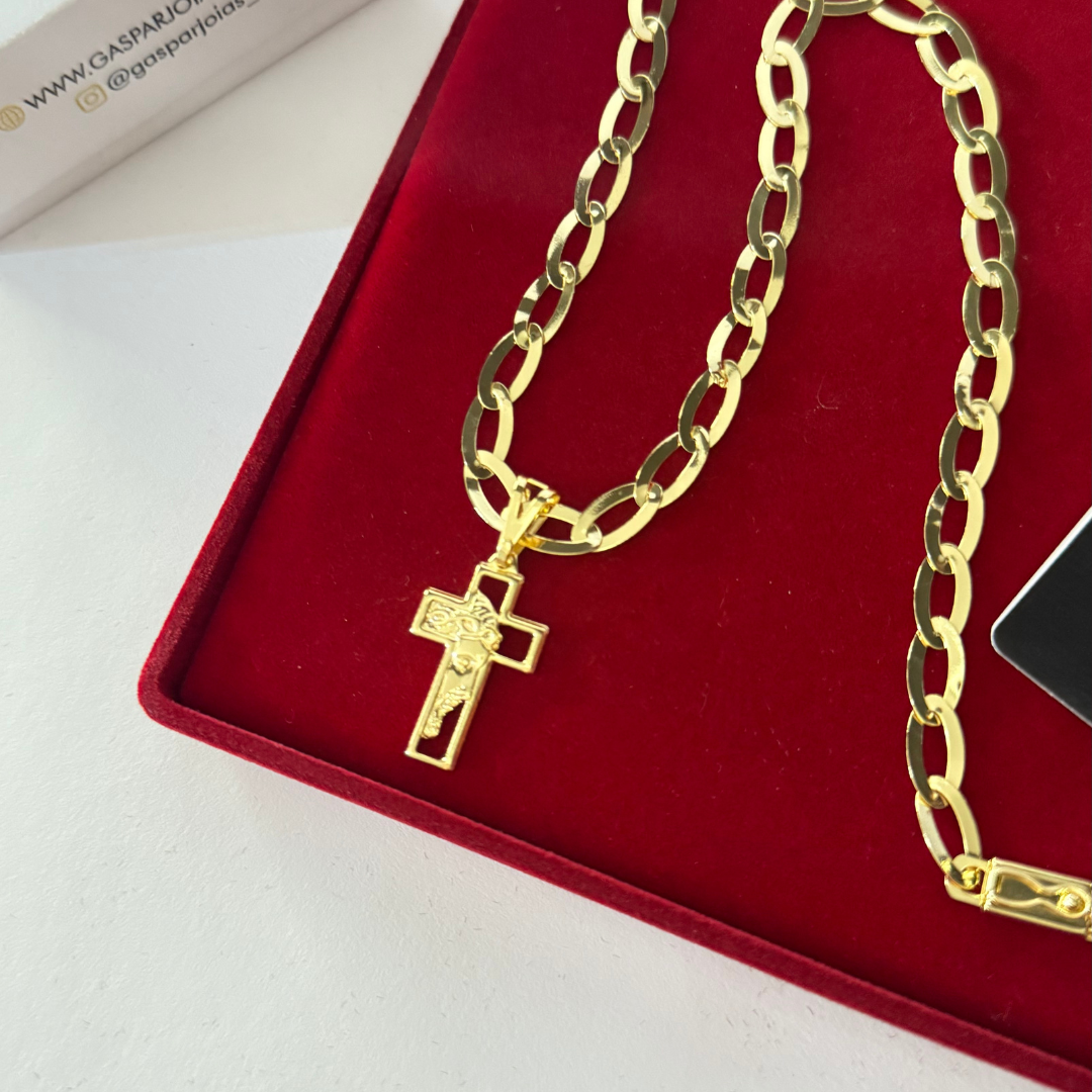 Corrente Chapeada Laminada 6mm + Pingente Cruz Face de Cristo - Premium Moeda Antiga Italiana + Verniz + Banho de 10 Millessimos Ouro