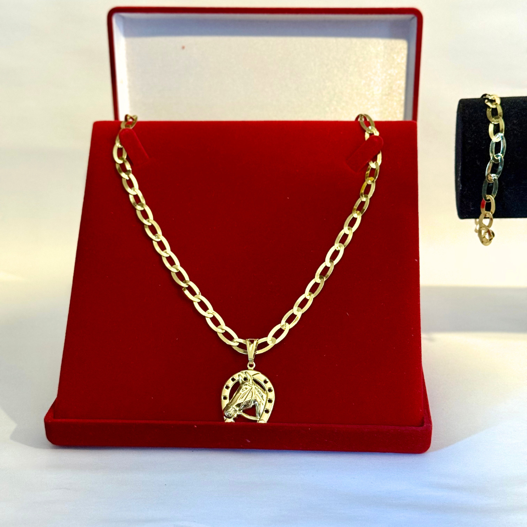 Kit Corrente e Pulseira Chapeado 6mm + Pingente Cavalo- Moeda Antiga Italiana + Verniz + Banho de 10 Millessimos Ouro
