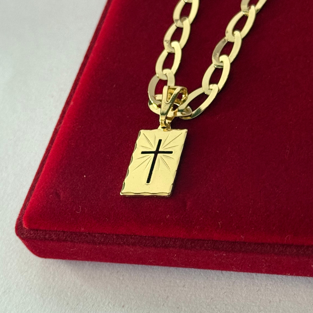 Corrente Chapeada Laminada 6mm + Pingente Placa Cruz - Premium Moeda Antiga Italiana + Verniz + Banho de 10 Millessimos Ouro