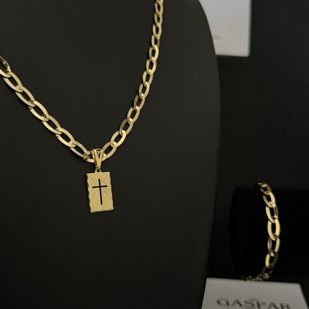 Kit Completo, Corrente e Pulseira Chapeada Laminada 6mm + Pingente Placa Cruz - Moeda Antiga Italiana + Verniz + Banho de 10 Millessimos Ouro