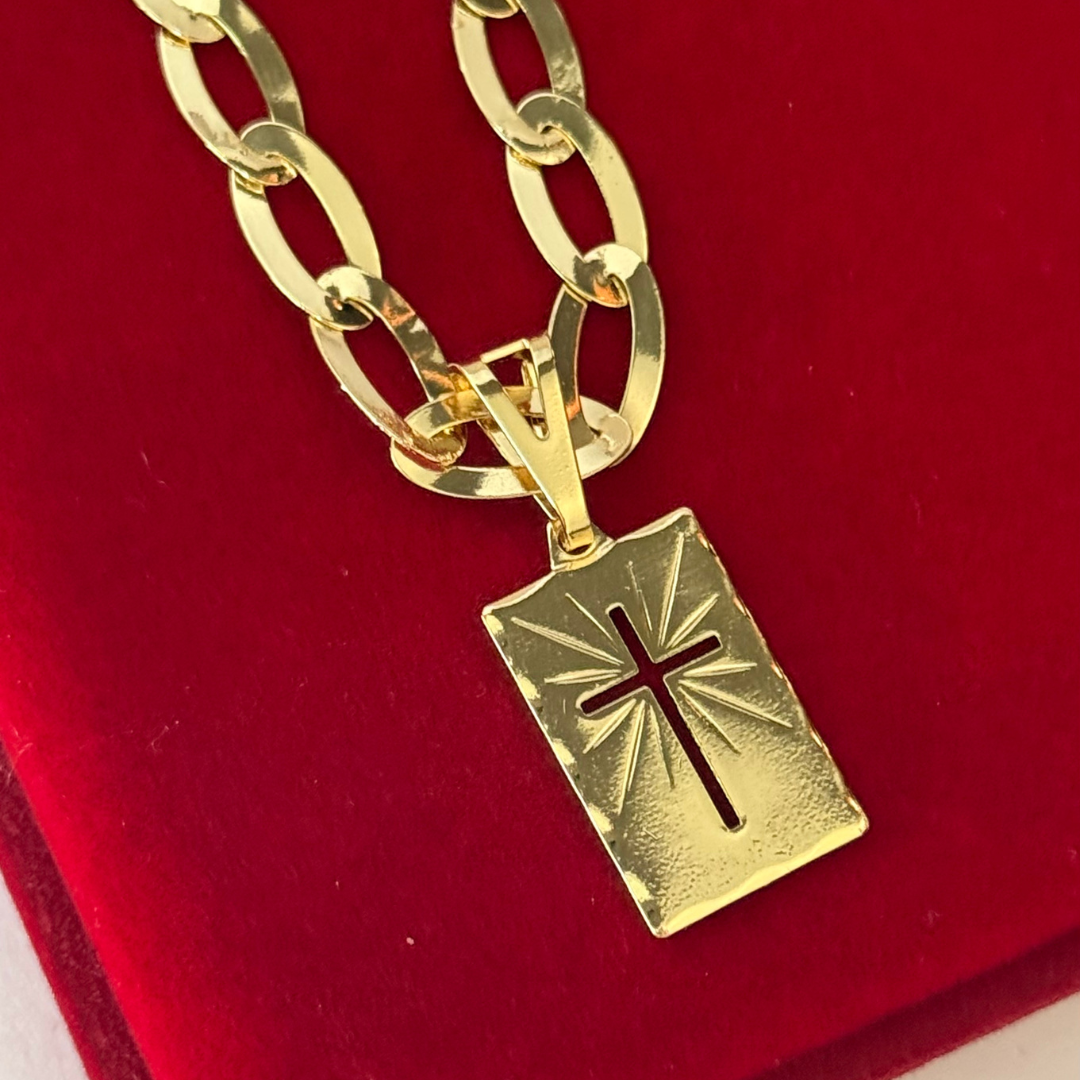 Corrente Chapeada Laminada 6mm + Pingente Placa Cruz - Premium Moeda Antiga Italiana + Verniz + Banho de 10 Millessimos Ouro