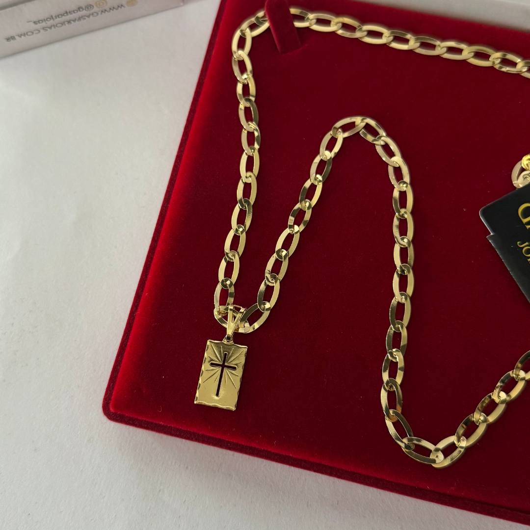 Corrente Chapeada Laminada 6mm + Pingente Placa Cruz - Premium Moeda Antiga Italiana + Verniz + Banho de 10 Millessimos Ouro