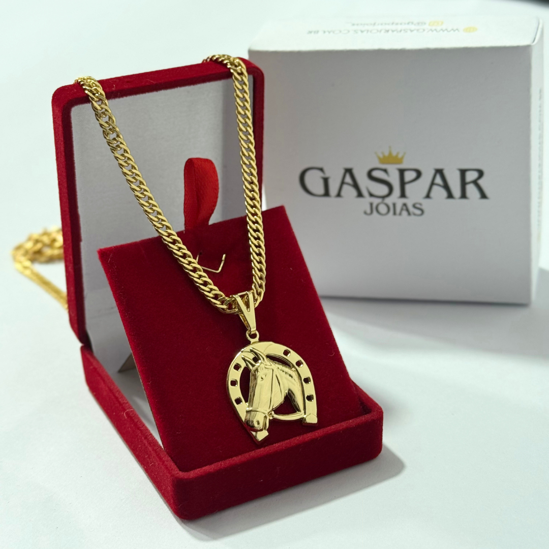 Corrente Grumet Dupla 4mm + Pingente Cavalo - Premium Moeda Antiga Italiana + Verniz + Banho de 10 Millessimos Ouro