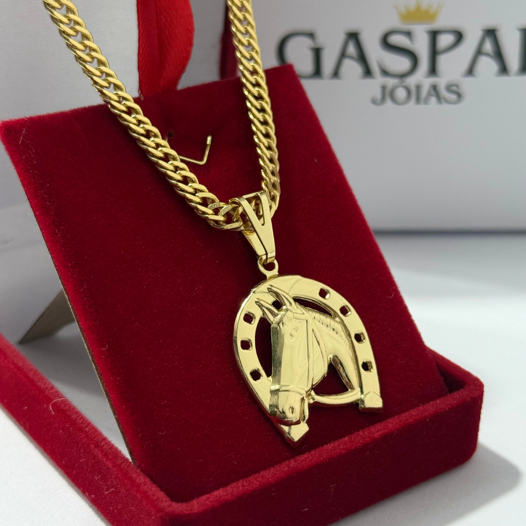Corrente Grumet Dupla 4mm + Pingente Cavalo - Premium Moeda Antiga Italiana + Verniz + Banho de 10 Millessimos Ouro
