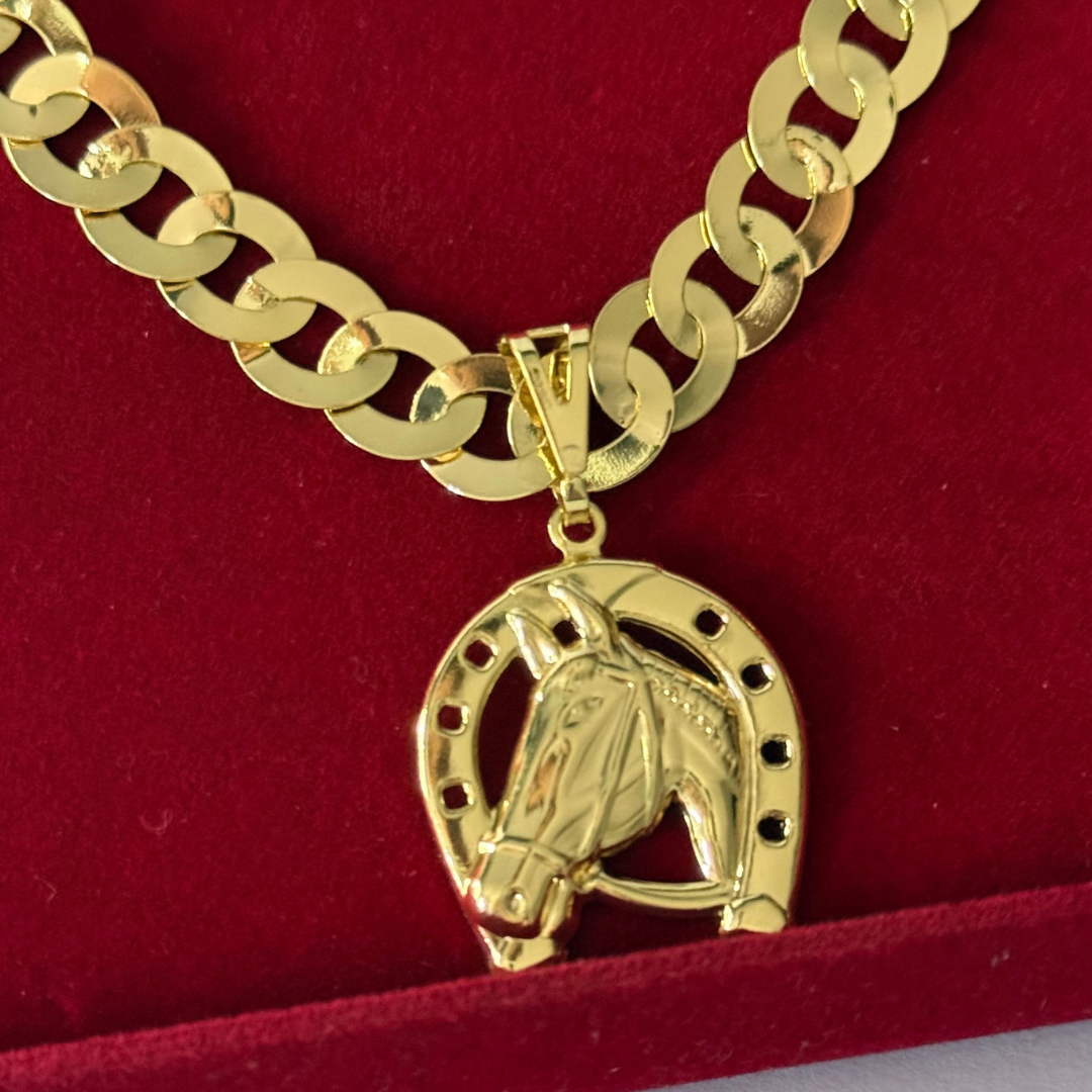 Corrente Elo Redondo 8mm + Pingente Cavalo - Moeda Antiga Italiana + Verniz + Banho de 10 Millessimos Ouro