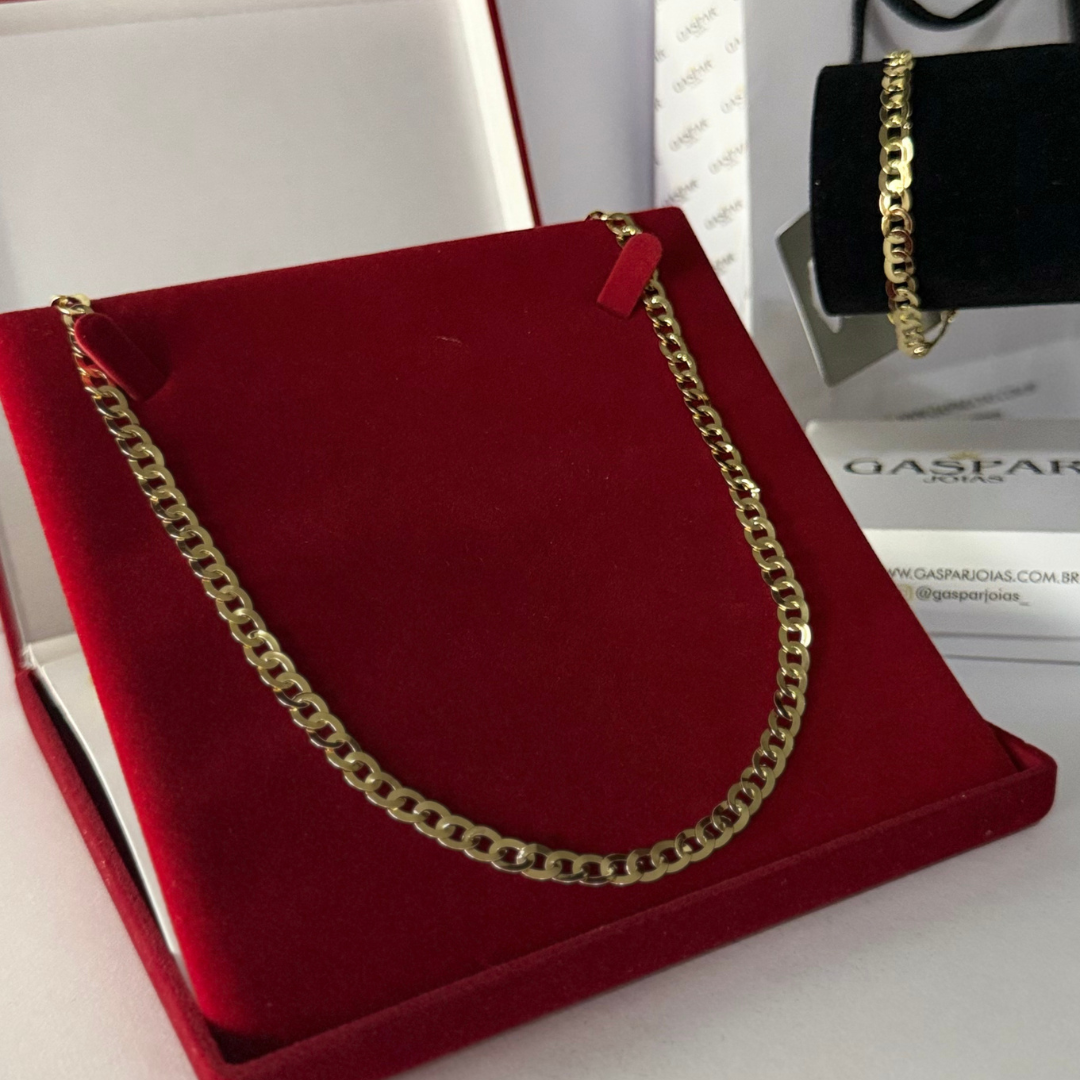 Corrente + Pulseira Escama Redondo 5mm - Moeda Antiga Italiana + Verniz + Banho de 10 Millessimos Ouro