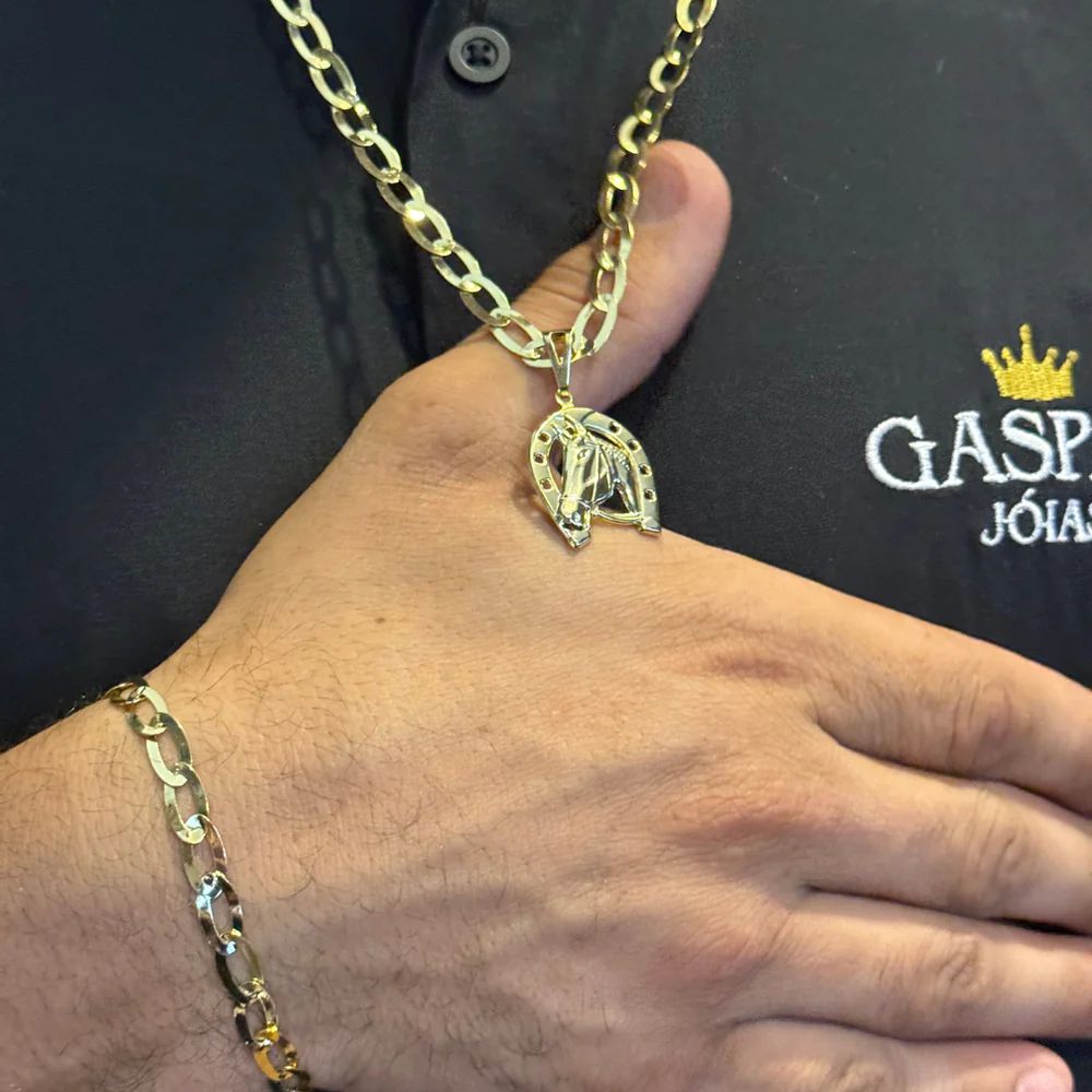 Kit Corrente e Pulseira Chapeada 6mm - BANHADO A OURO 18K - (PINGENTE CAVALO DE BRINDE)