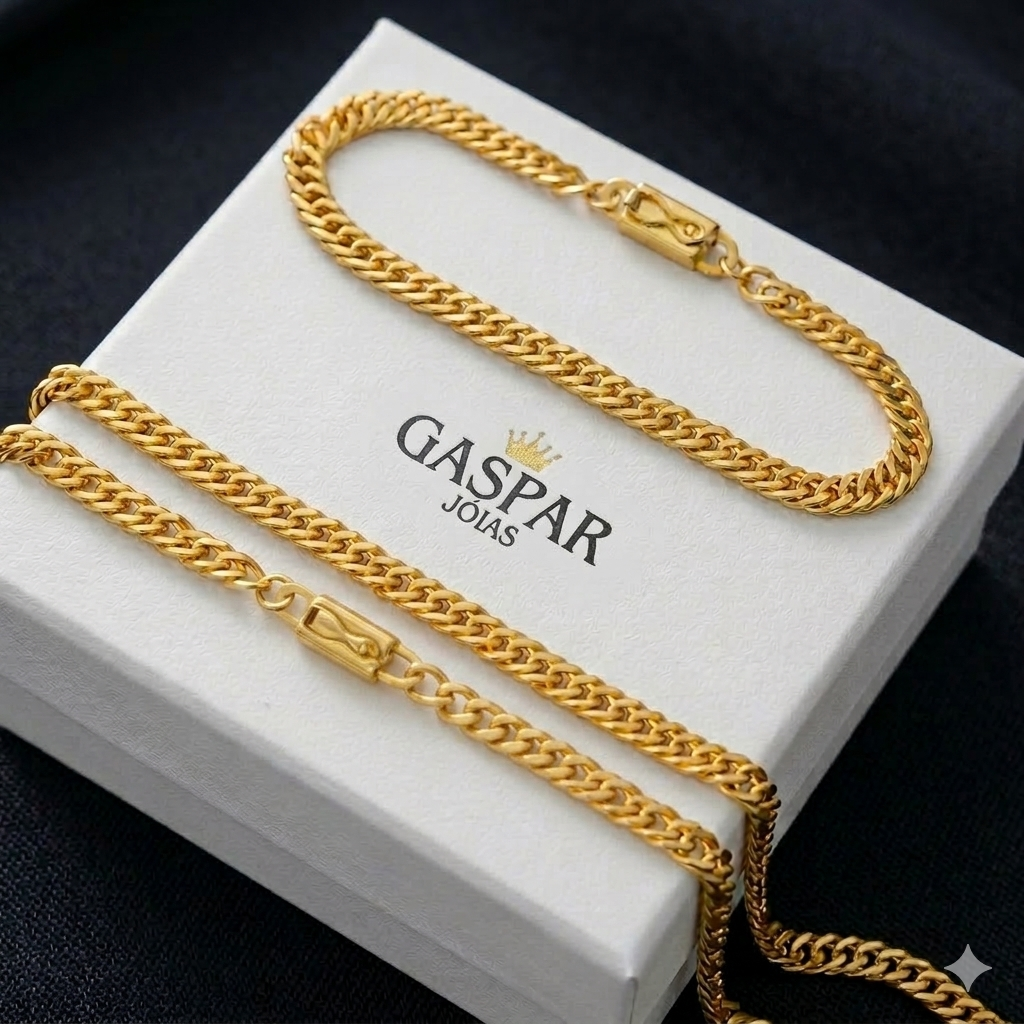 Kit Corrente e Pulseira Grummet Elo Duplo (100% Moeda Antiga Envernizada)