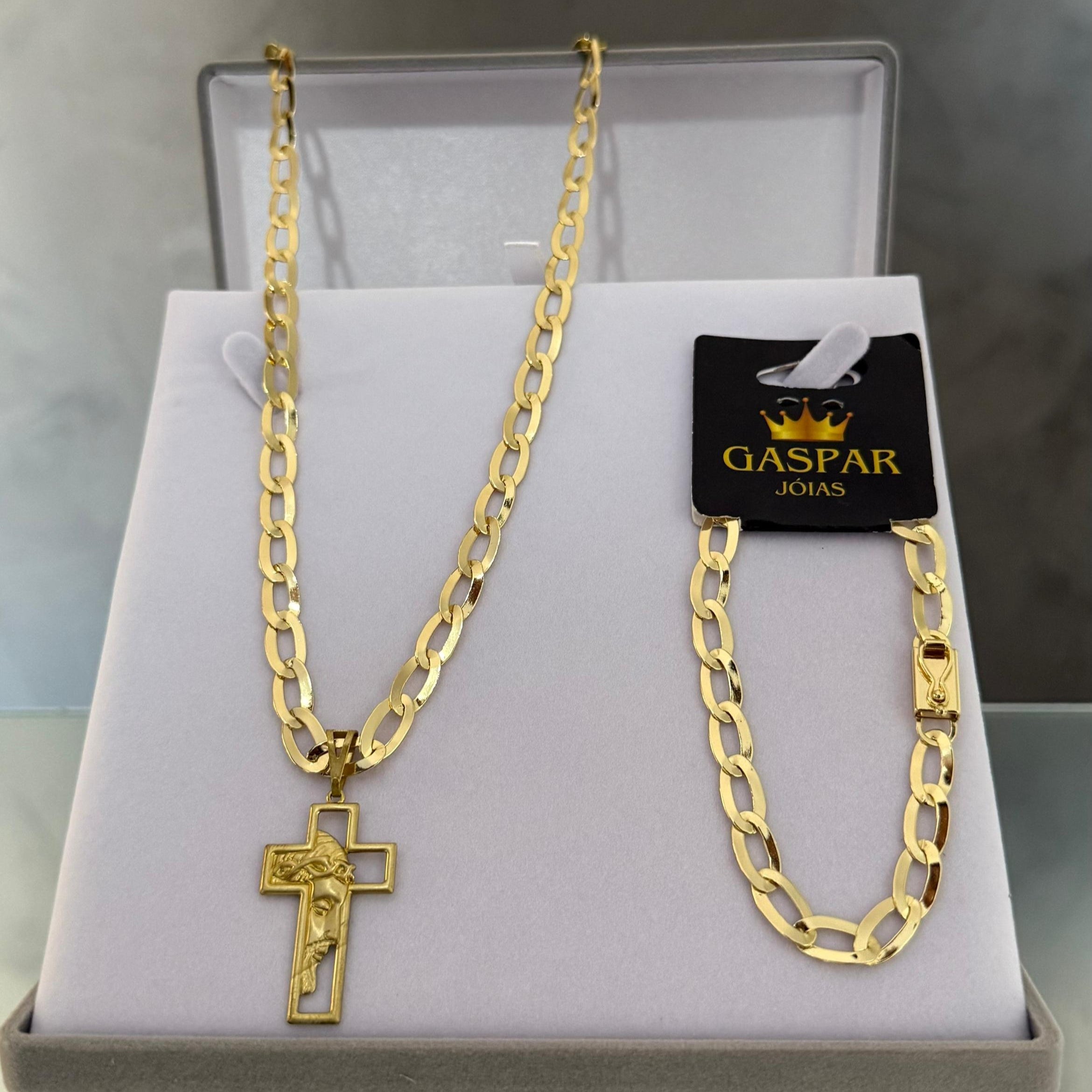 Kit Corrente e Pulseira Chapeada 6mm - BANHADO A OURO 18K - (PINGENTE CRUZ FACE DE BRINDE)