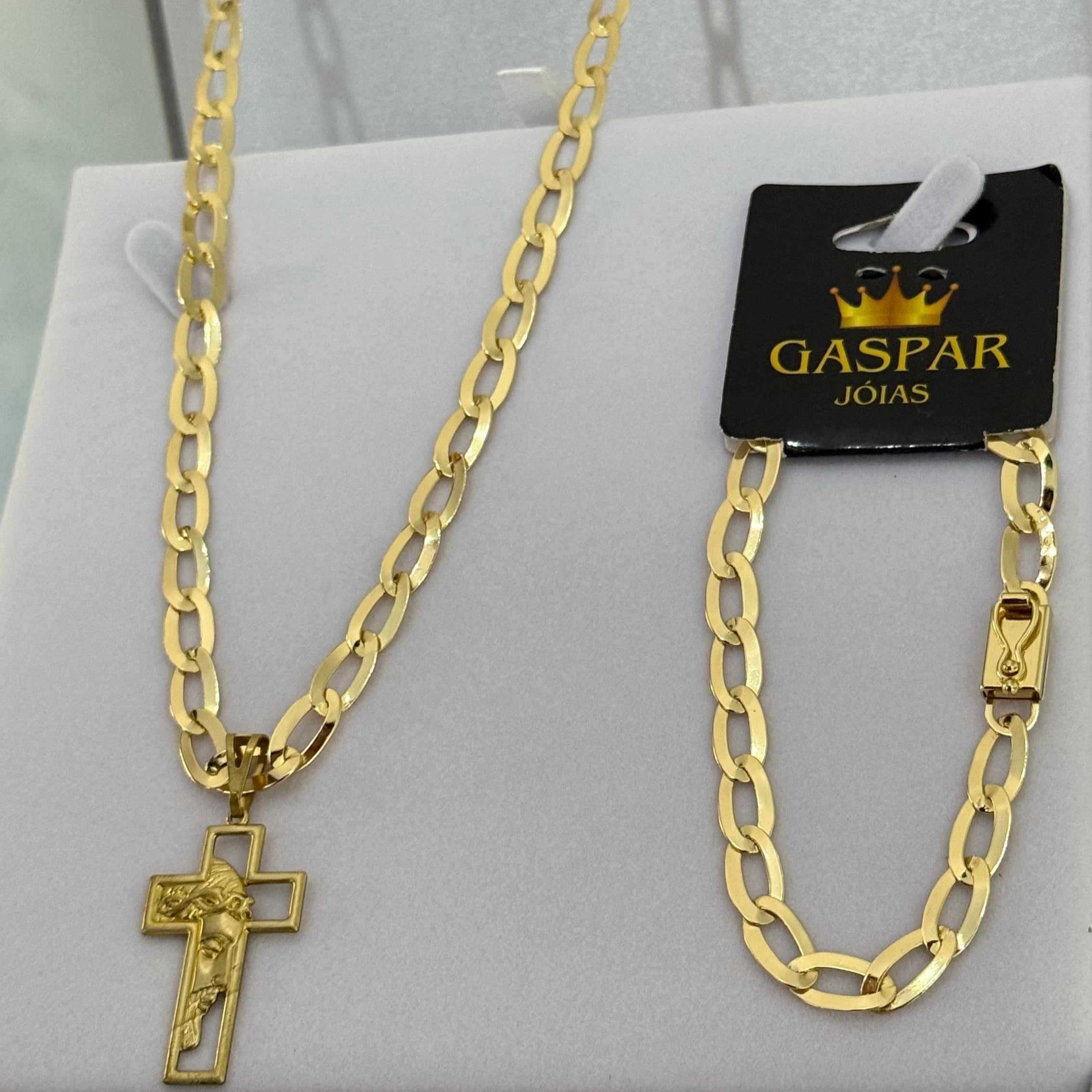 Kit Corrente e Pulseira Chapeada 6mm - BANHADO A OURO 18K - (PINGENTE CRUZ FACE DE BRINDE)
