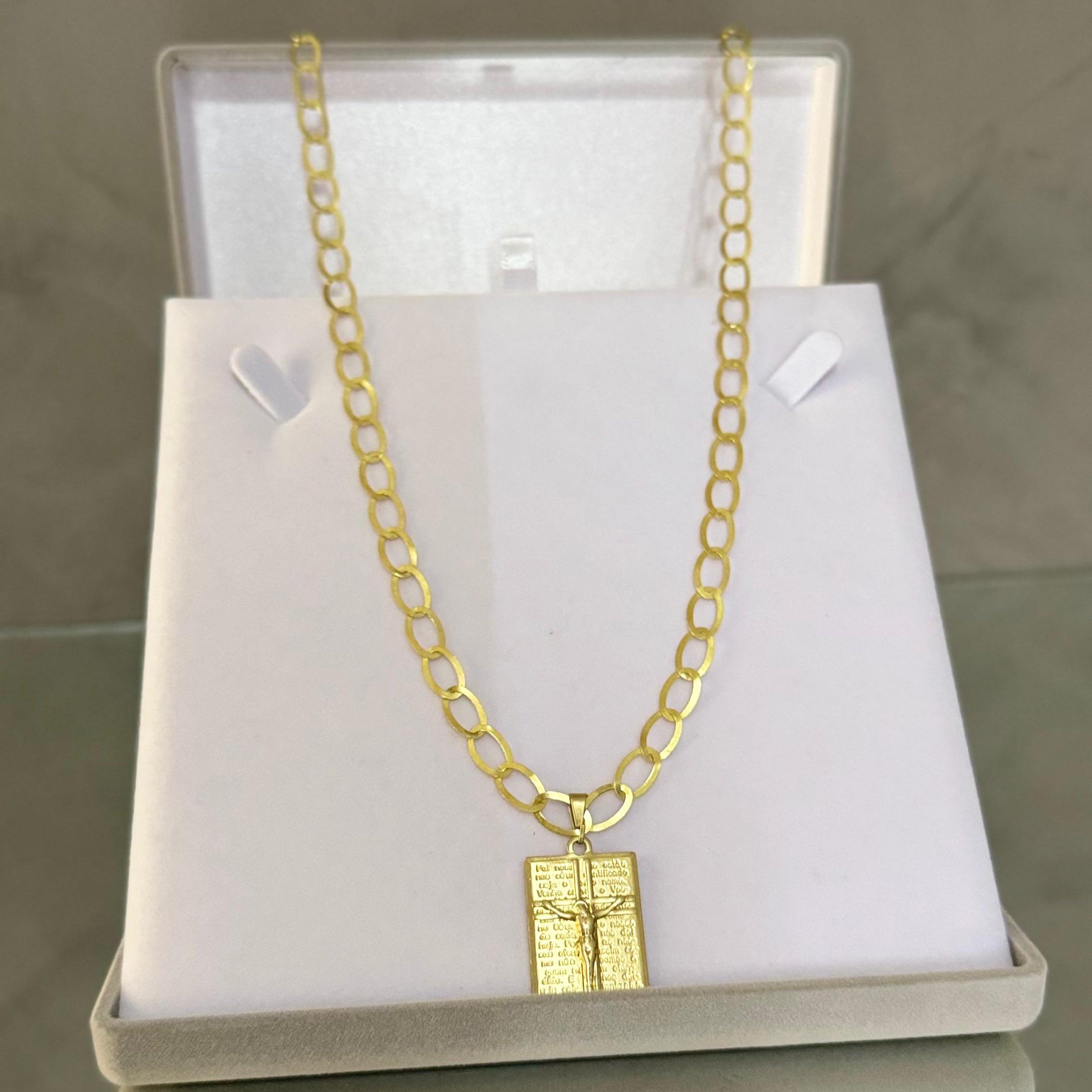 Corrente Elo Oval 7mm + Pingente Placa com Crucifixo - (Moeda Antiga Vernizada)