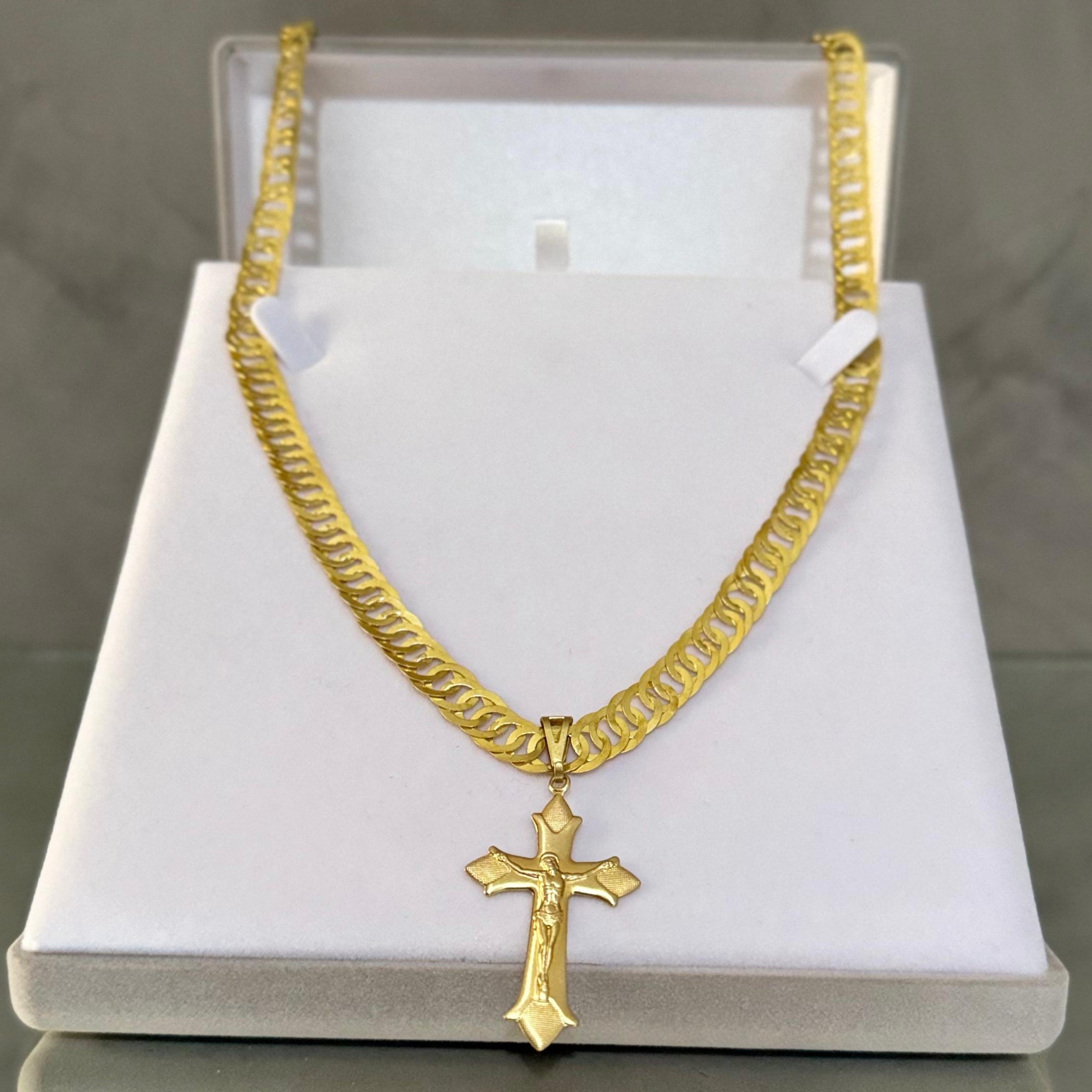 Corrente Elo Duplo 10mm + Pingente Crucifixo - (Moeda Antiga Vernizada)