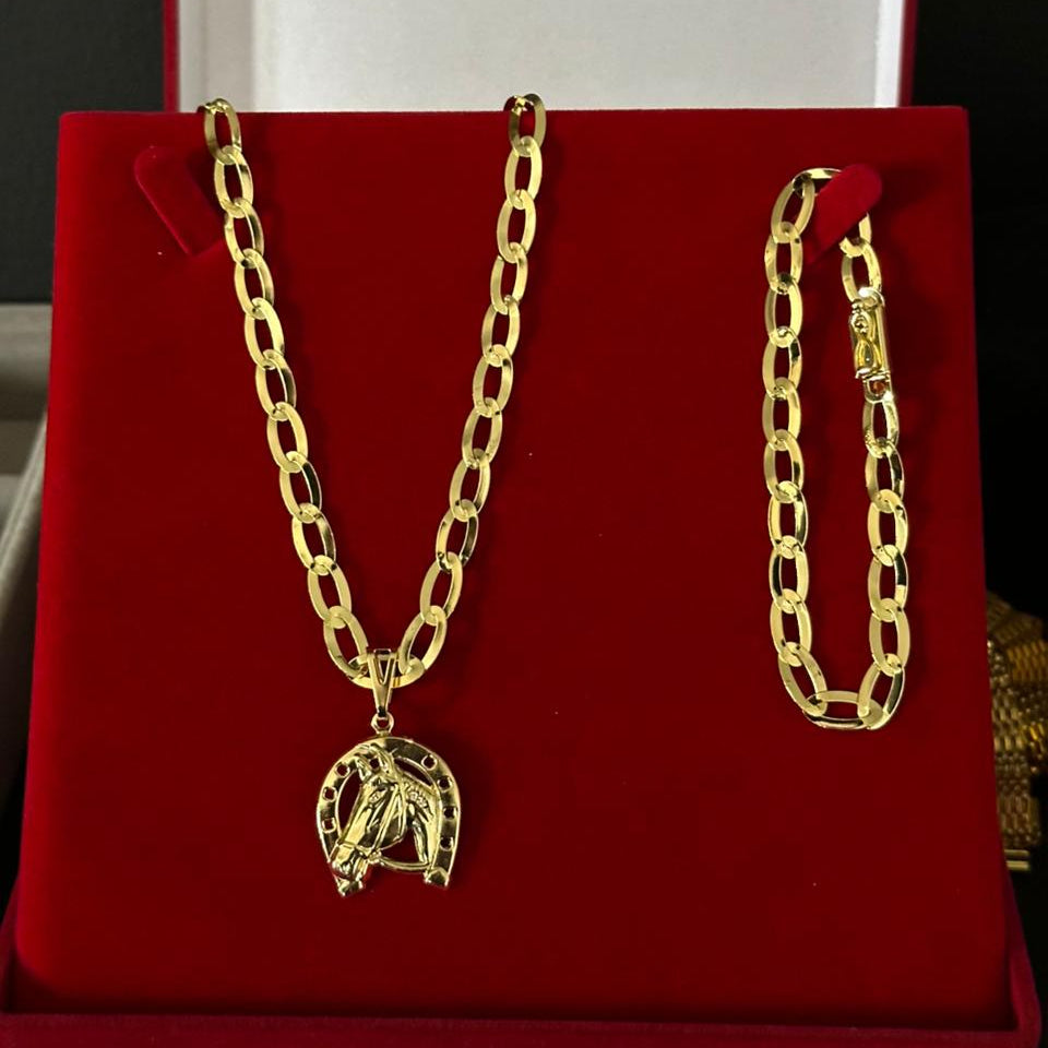 Kit Completo, Corrente e Pulseira Chapeado + Pingente Cruz Palito - Moeda Antiga Italiana + Verniz + Banho de 10 Millessimos Ouro