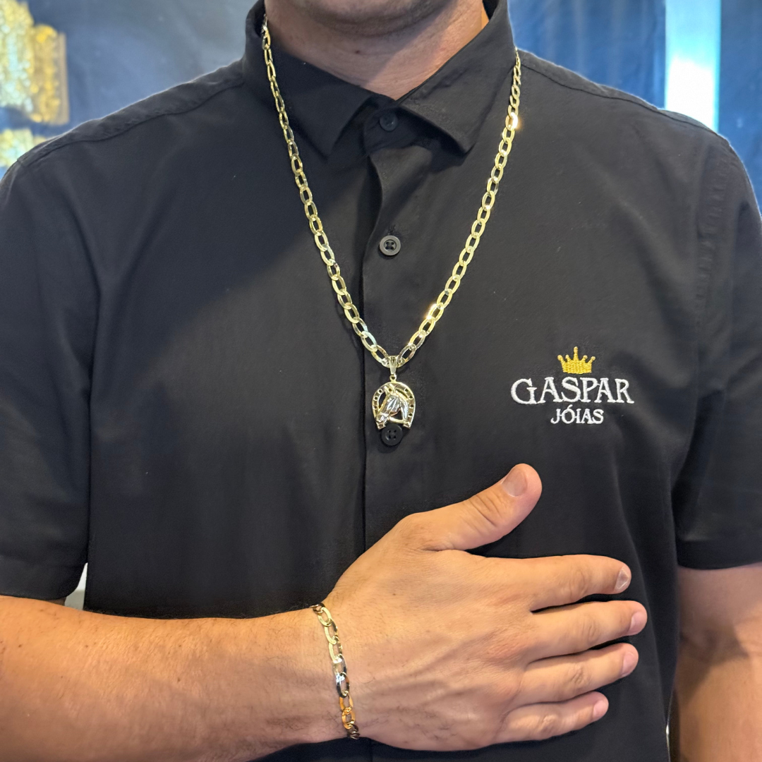 Kit Corrente e Pulseira Chapeado 6mm + Pingente Cavalo- Moeda Antiga Italiana + Verniz + Banho de 10 Millessimos Ouro