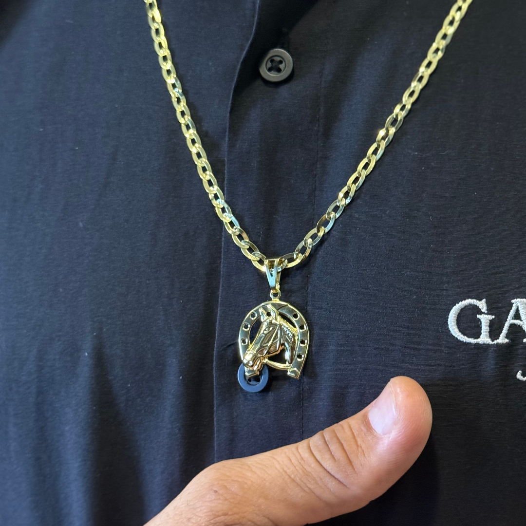 Kit Corrente e Pulseira Chapeado 3mm + Pingente Cavalo- Moeda Antiga Italiana + Verniz + Banho de 10 Millessimos Ouro