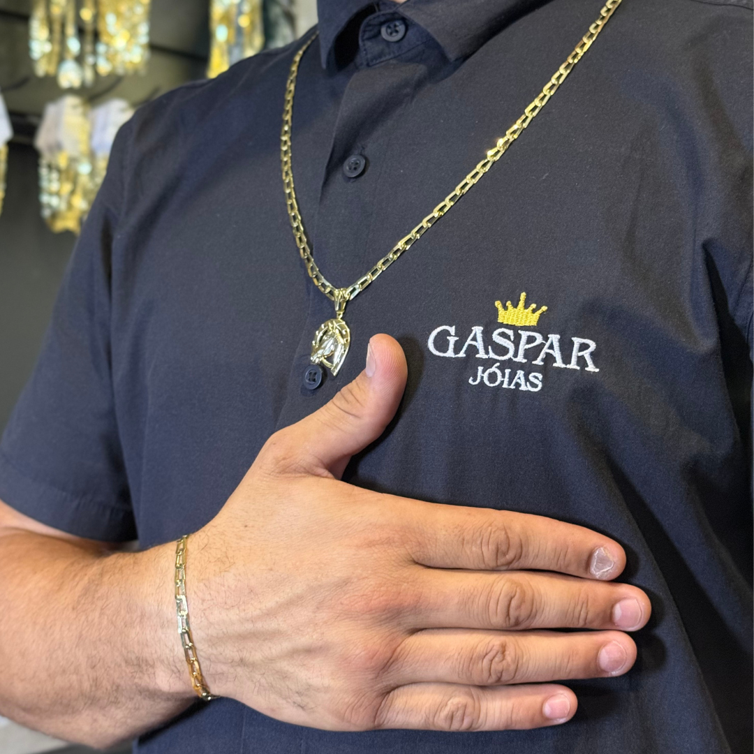 Kit Corrente e Pulseira Long 4mm + Pingente Cavalo- Moeda Antiga Italiana + Verniz + Banho de 10 Millessimos Ouro