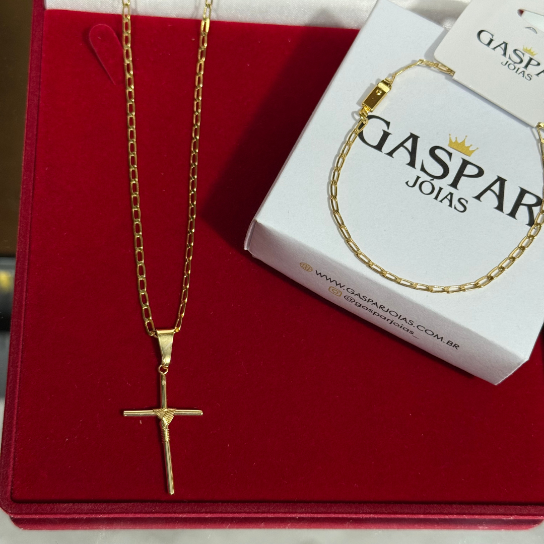 Kit Completo, Corrente e Pulseira Long 2mm + Pingente Cruz Palito - Moeda Antiga Italiana + Verniz + Banho de 10 Millessimos Ouro