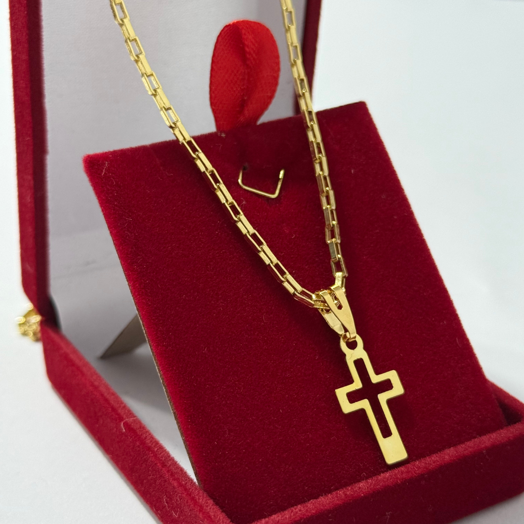 Corrente Tijolinho 2mm + Pingente Cruz Vazada - Premium Moeda Antiga Italiana + Verniz + Banho de 10 Millessimos Ouro
