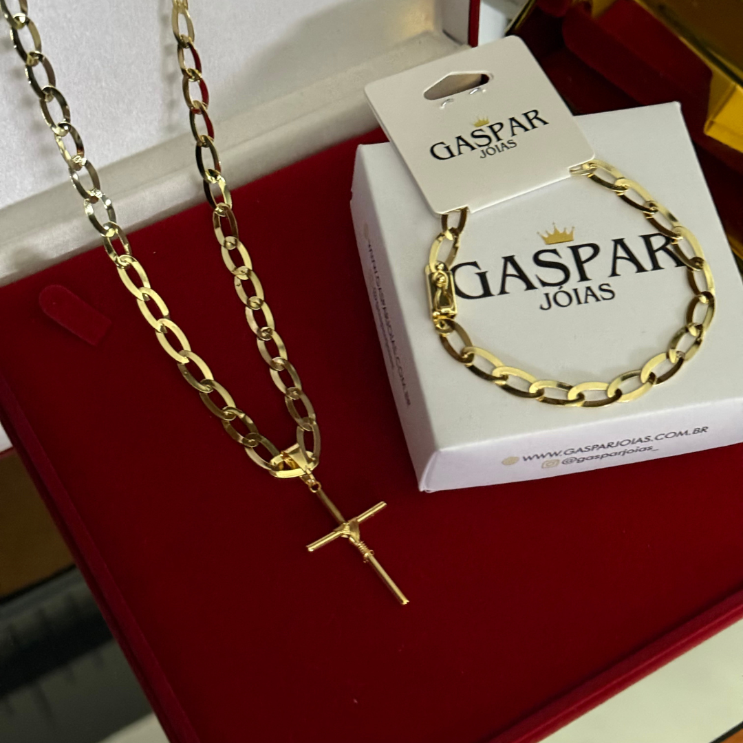 Kit Completo, Corrente e Pulseira Chapeado + Pingente Cruz Palito - Moeda Antiga Italiana + Verniz + Banho de 10 Millessimos Ouro
