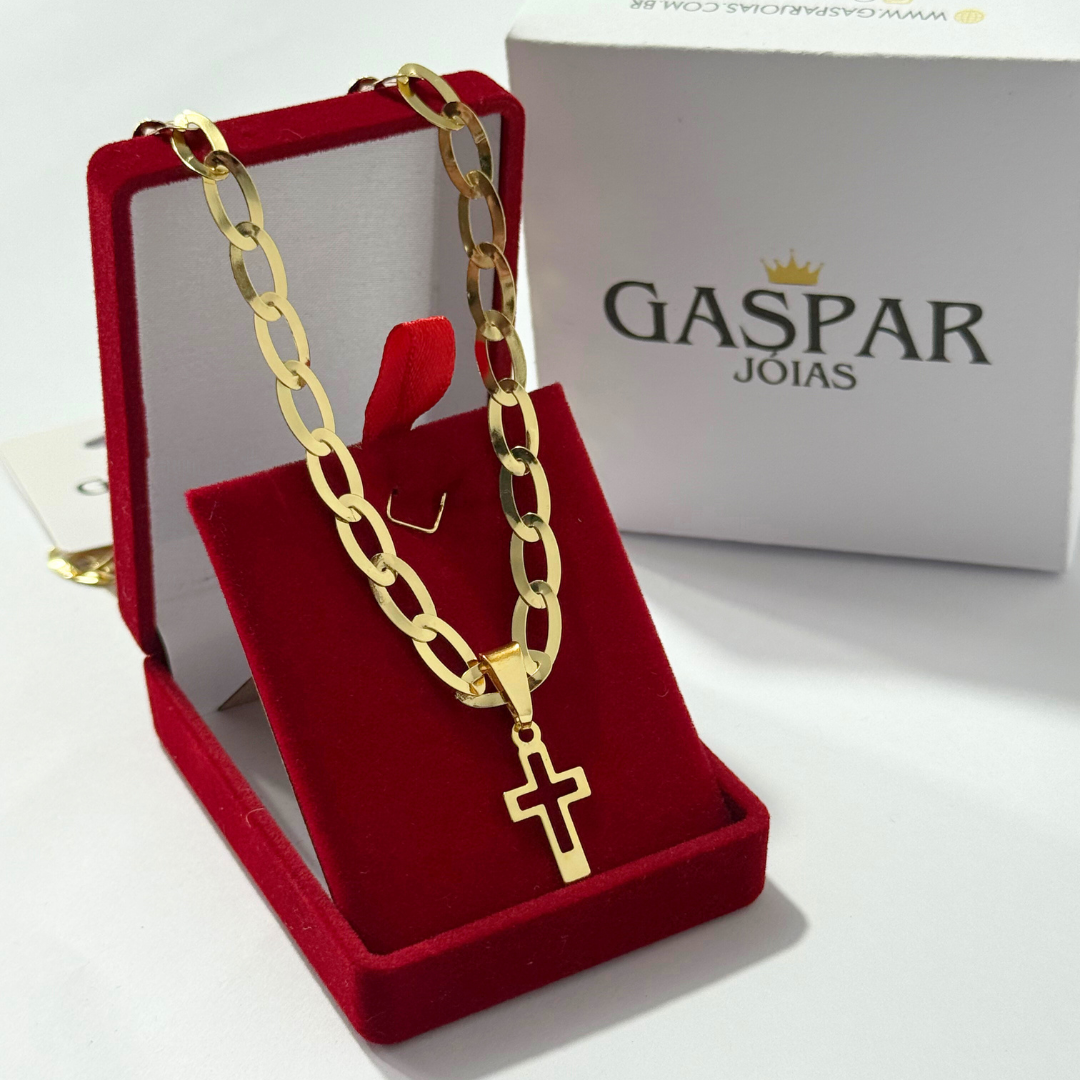 Corrente Chapeada Laminada 6mm + Pingente Cruz Vazada - Premium Moeda Antiga Italiana + Verniz + Banho de 10 Millessimos Ouro