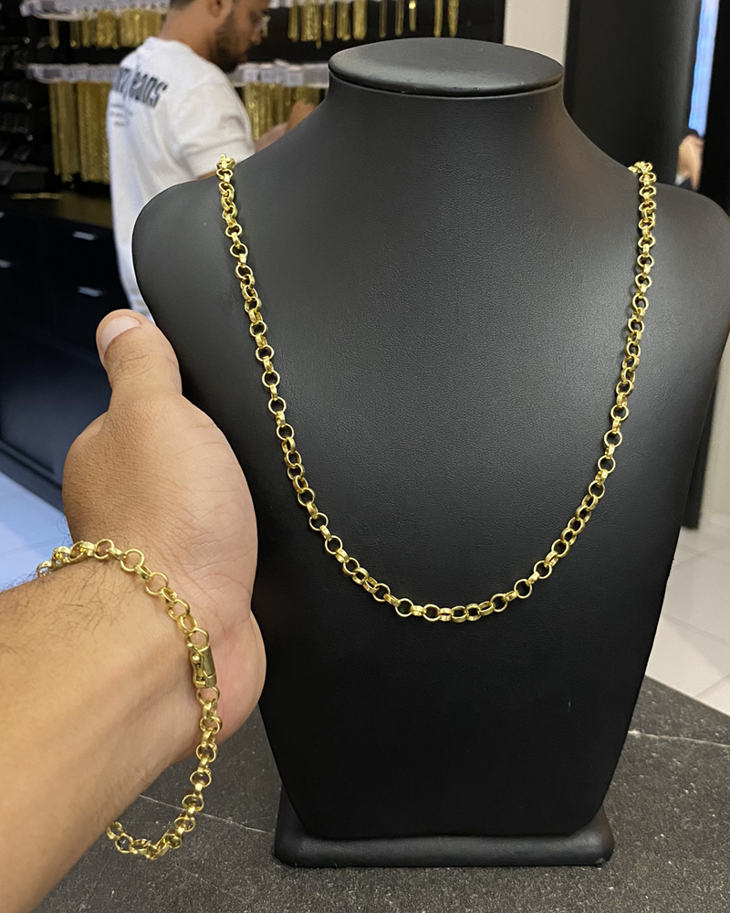 CORRENTE ELO PORTUGÊS 4MM + PULSEIRA ELO PORTUGUÊS 4MM (MOEDA ANTIGA)