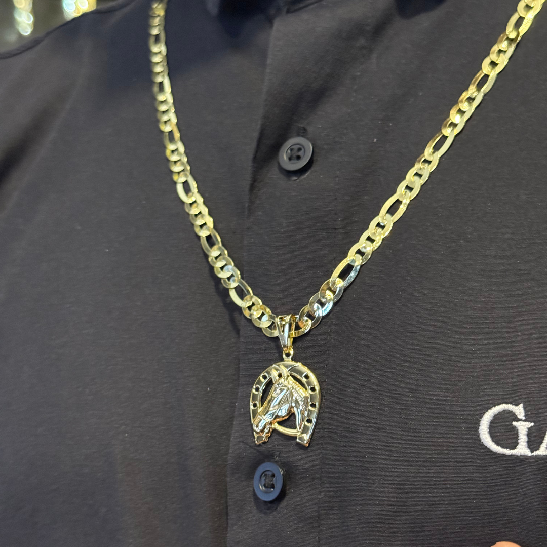 Kit Corrente e Pulseira 3x1 + Pingente Cavalo- Moeda Antiga Italiana + Verniz + Banho de 10 Millessimos Ouro