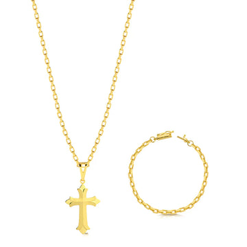 Kit Corrente e Pulseira - Tijolinho 2mm + Crucifixo Português - Banhado A Ouro 18k