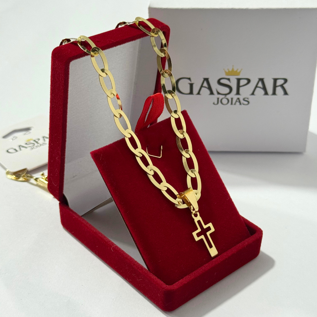 Corrente Chapeada Laminada 6mm + Pingente Cruz Vazada - Premium Moeda Antiga Italiana + Verniz + Banho de 10 Millessimos Ouro