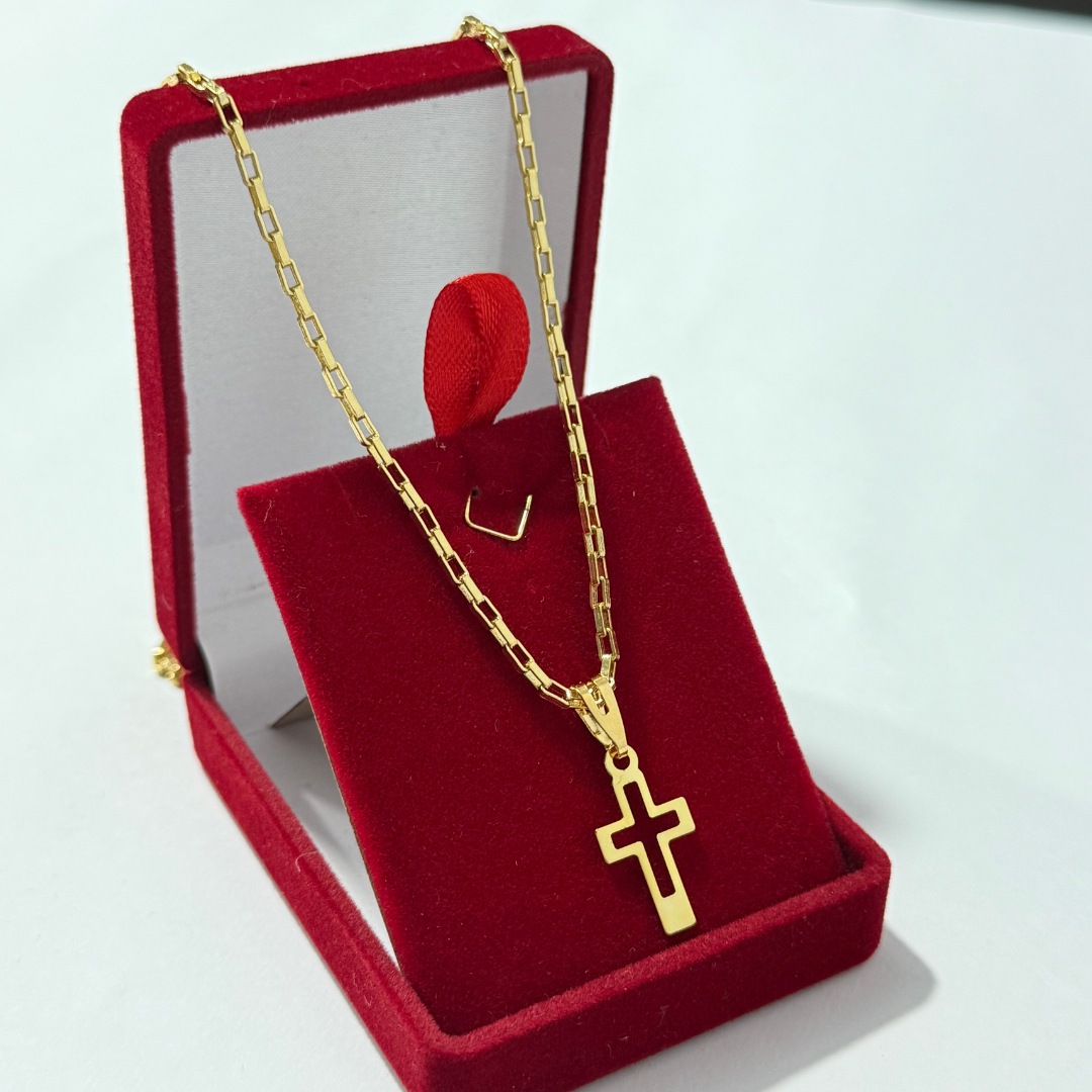 Corrente Tijolinho 2mm + Pingente Cruz Vazada - Premium Moeda Antiga Italiana + Verniz + Banho de 10 Millessimos Ouro