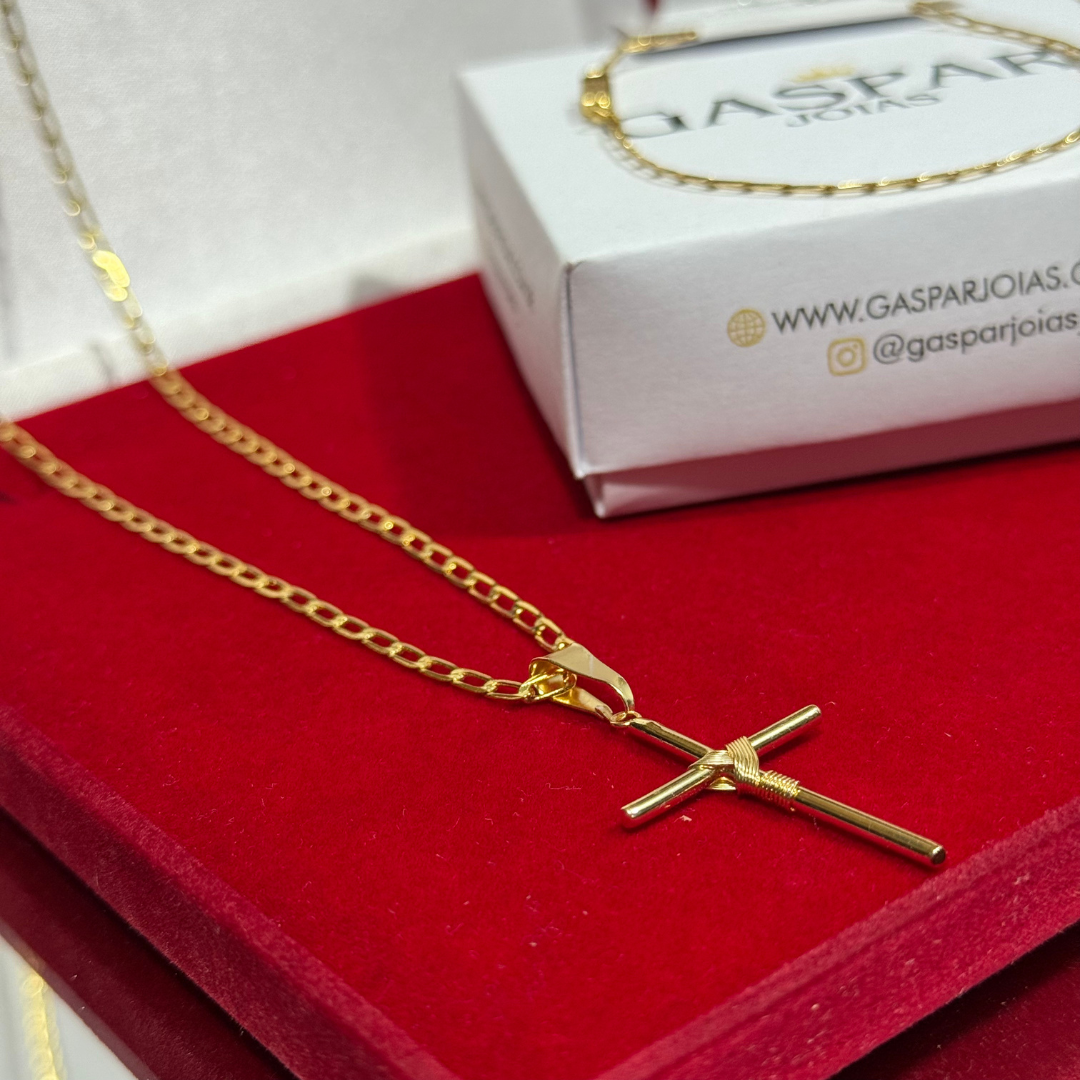 Kit Completo, Corrente e Pulseira Long 2mm + Pingente Cruz Palito - Moeda Antiga Italiana + Verniz + Banho de 10 Millessimos Ouro
