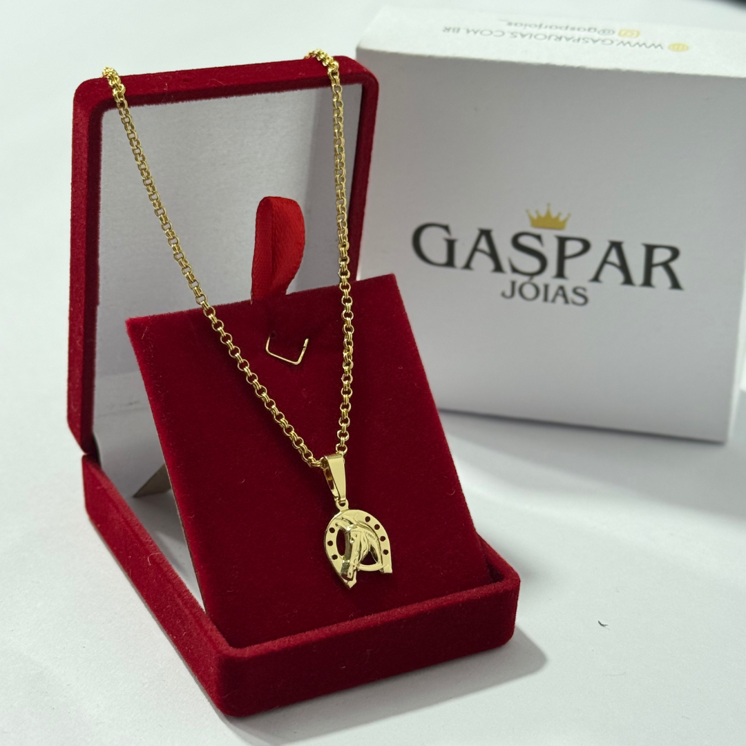 Corrente Elo Português Dupla 2mm + Pingente Cavalo - Premium Moeda Antiga Italiana + Verniz + Banho de 10 Millessimos Ouro