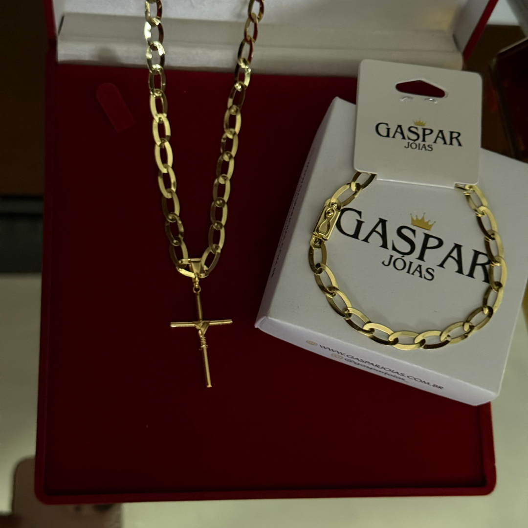 Kit Completo, Corrente e Pulseira Chapeado + Pingente Cruz Palito - Moeda Antiga Italiana + Verniz + Banho de 10 Millessimos Ouro