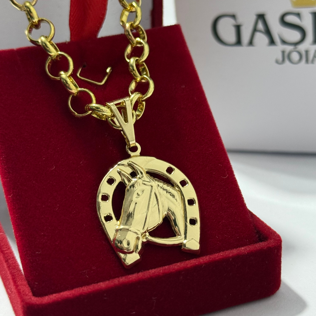 Corrente Elo Português 4mm + Pingente Cavalo - Premium Moeda Antiga Italiana + Verniz + Banho de 10 Millessimos Ouro