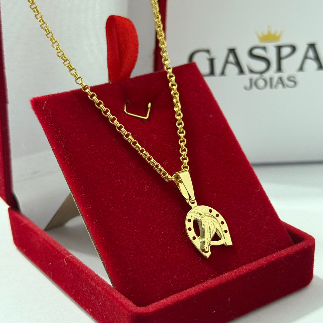 Corrente Elo Português Dupla 2mm + Pingente Cavalo - Premium Moeda Antiga Italiana + Verniz + Banho de 10 Millessimos Ouro