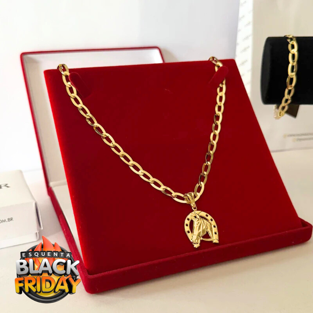 Kit Corrente e Pulseira Chapeada 6mm - BANHADO A OURO 18K - (PINGENTE CAVALO DE BRINDE)