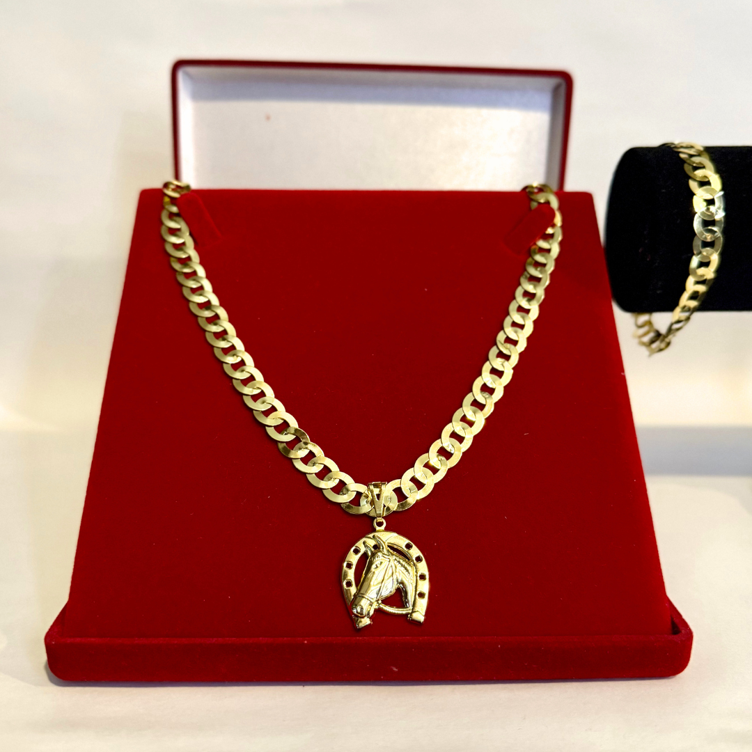 Kit Corrente e Pulseira 8mm Redondo + Pingente Cavalo- Moeda Antiga Italiana + Verniz + Banho de 10 Millessimos Ouro