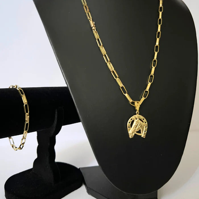 Kit Completo, Corrente e Pulseira Tijolinho + Pingente Cruz Palito - Moeda Antiga Italiana + Verniz + Banho de 10 Millessimos Ouro