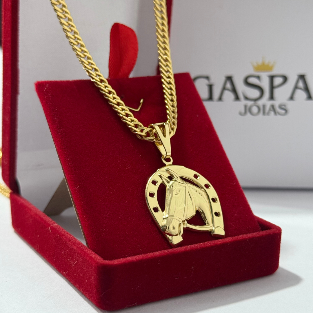 Corrente Grumet Dupla 4mm + Pingente Cavalo - Premium Moeda Antiga Italiana + Verniz + Banho de 10 Millessimos Ouro