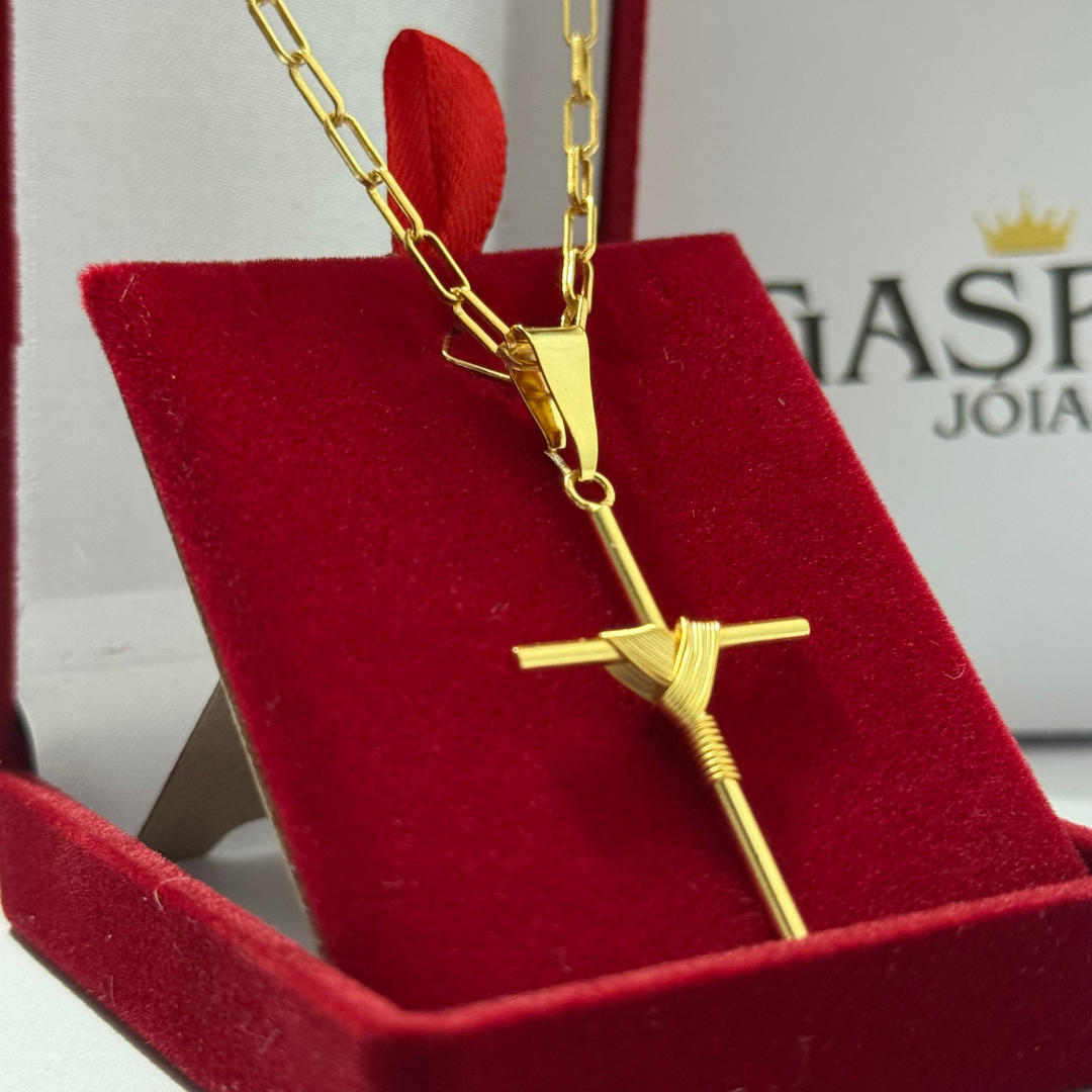 Corrente Tijolinho Long 2mm + Pingente Cruz Palito - Premium Moeda Antiga Italiana + Verniz + Banho de 10 Millessimos Ouro
