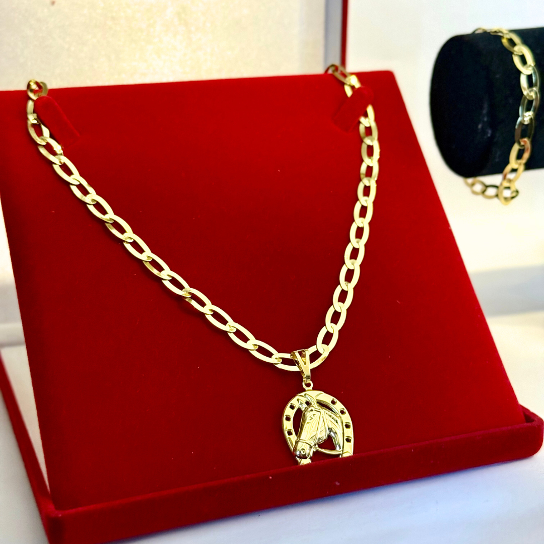 Kit Corrente e Pulseira Chapeado 6mm + Pingente Cavalo- Moeda Antiga Italiana + Verniz + Banho de 10 Millessimos Ouro