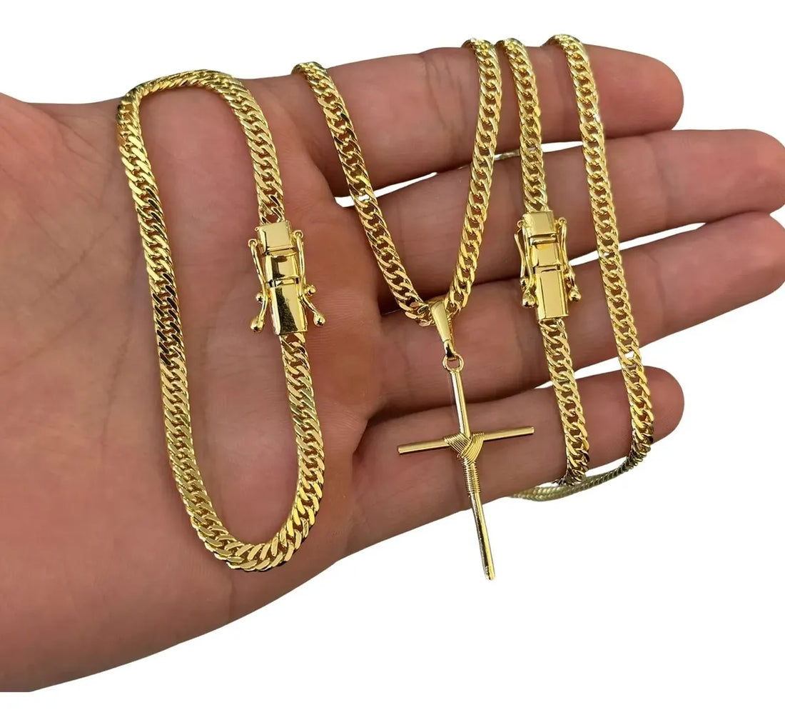 Kit Colar e Pulseira Grummet Dupla 4mm Pingente Cruz Enrolada Moeda Antiga Premmium 18k