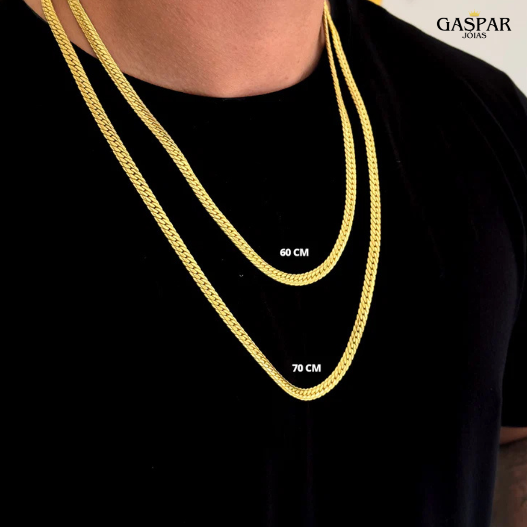 Kit Corrente e Pulseira - Grumet Flat Detalhada 6mm - A Ouro 18k