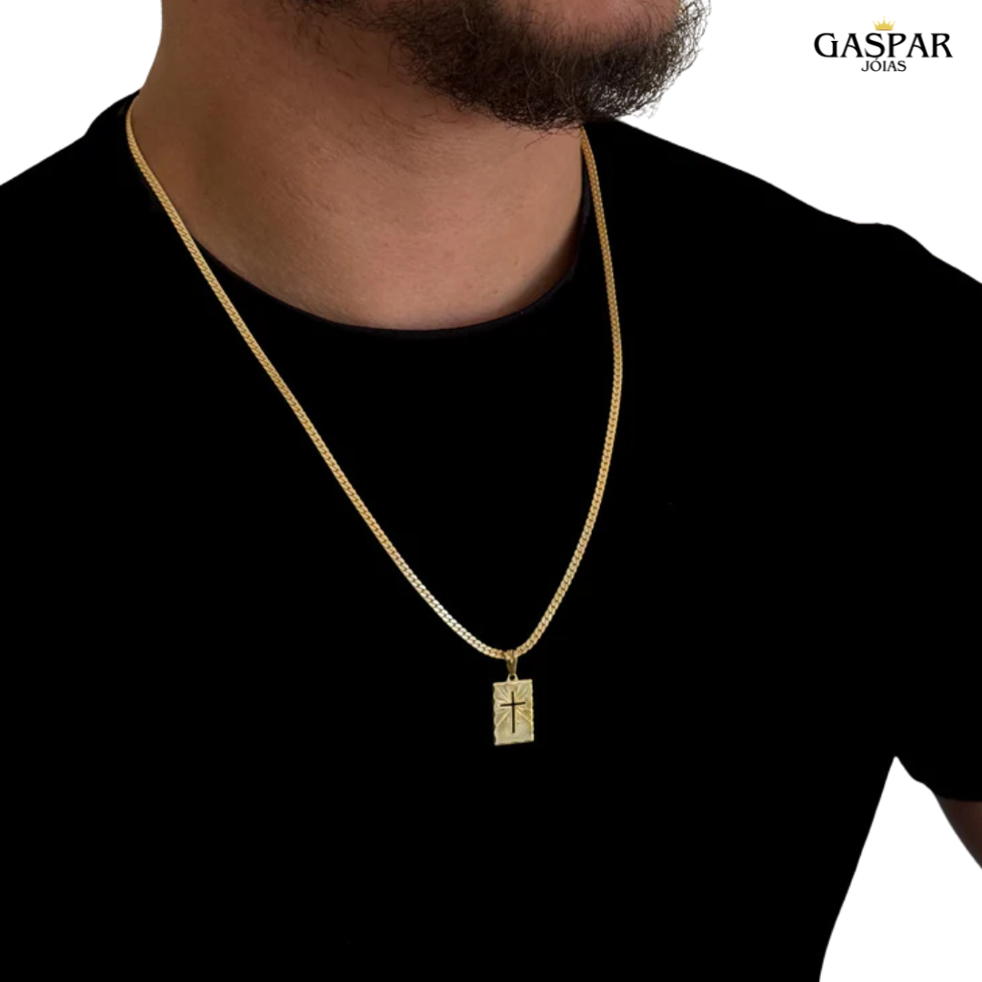 Corrente e Pulseira - Grumet Flat + Placa Cruz - Banhado A Ouro 18k