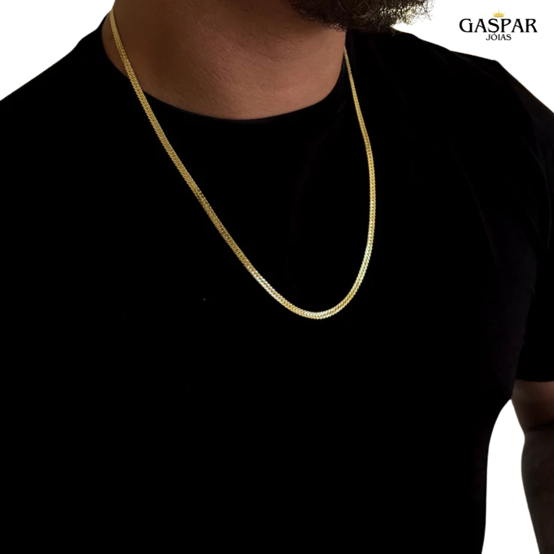 Kit Corrente e Pulseira - Grumet Flat Detalhada - Banhado A Ouro 18k