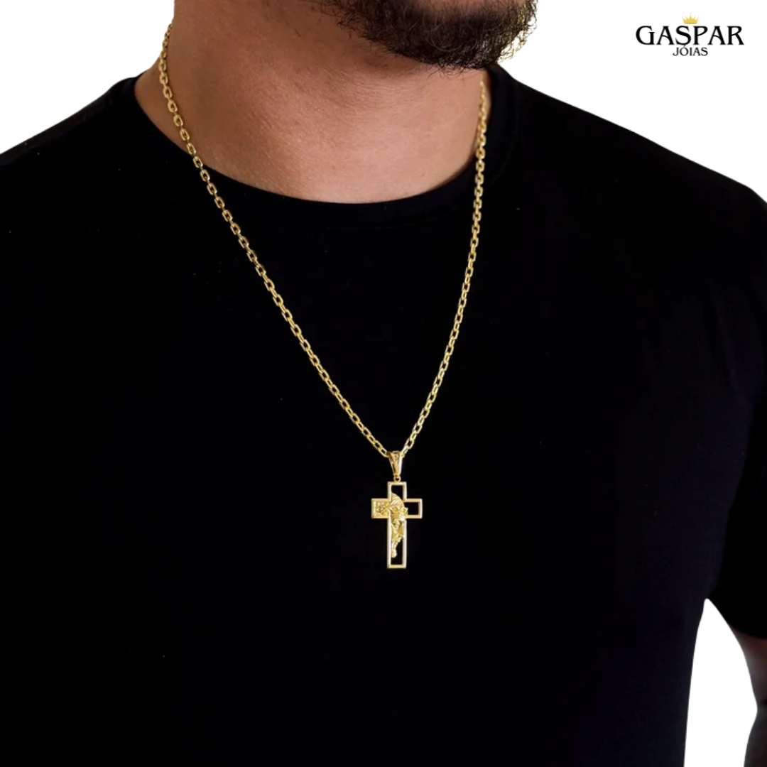 Kit Corrente e Pulseira  - Cadeado 2mm + Pingente Cruz Face de Cristo - Banhado A Ouro 18k