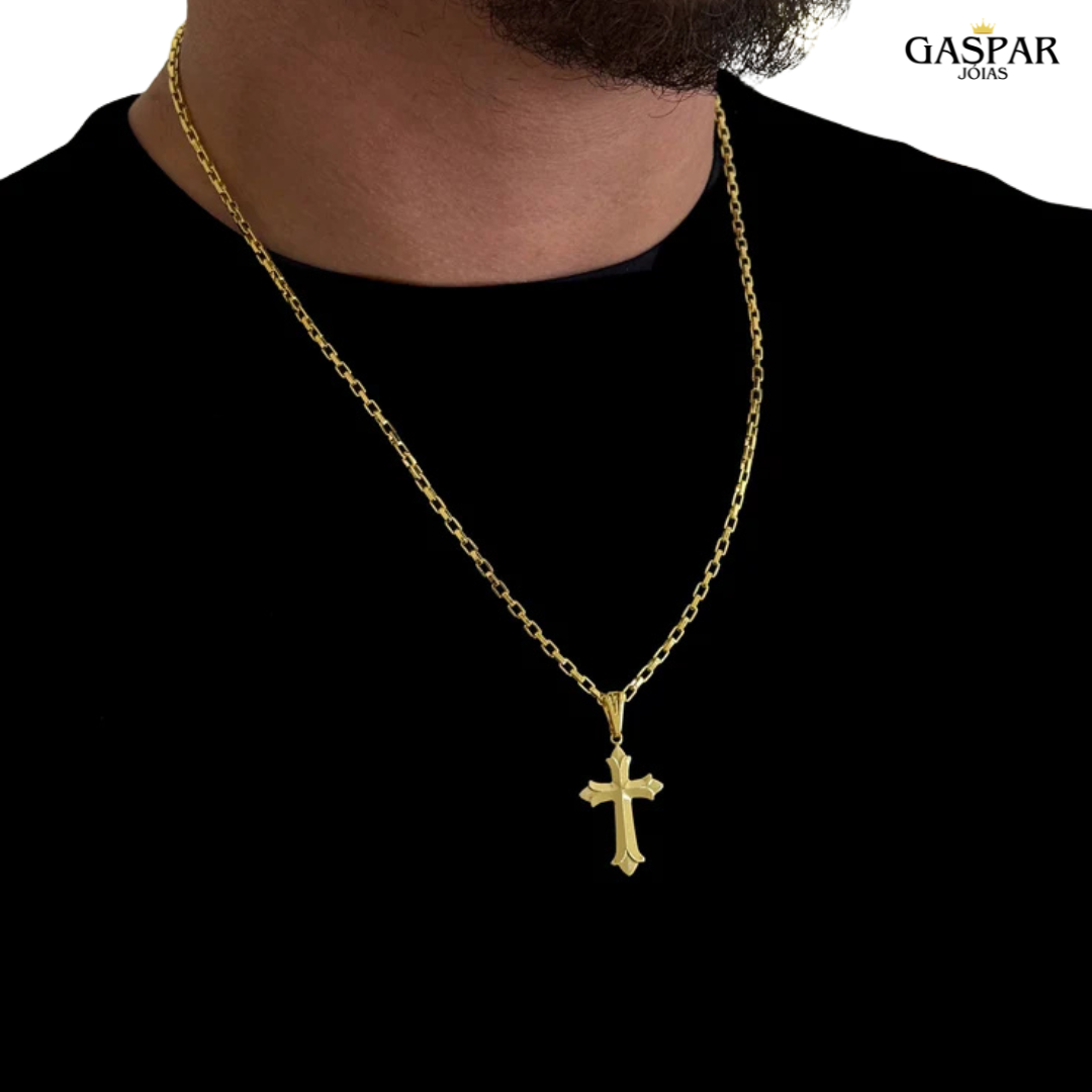 Kit Corrente e Pulseira - Tijolinho 2mm + Crucifixo Português - Banhado A Ouro 18k
