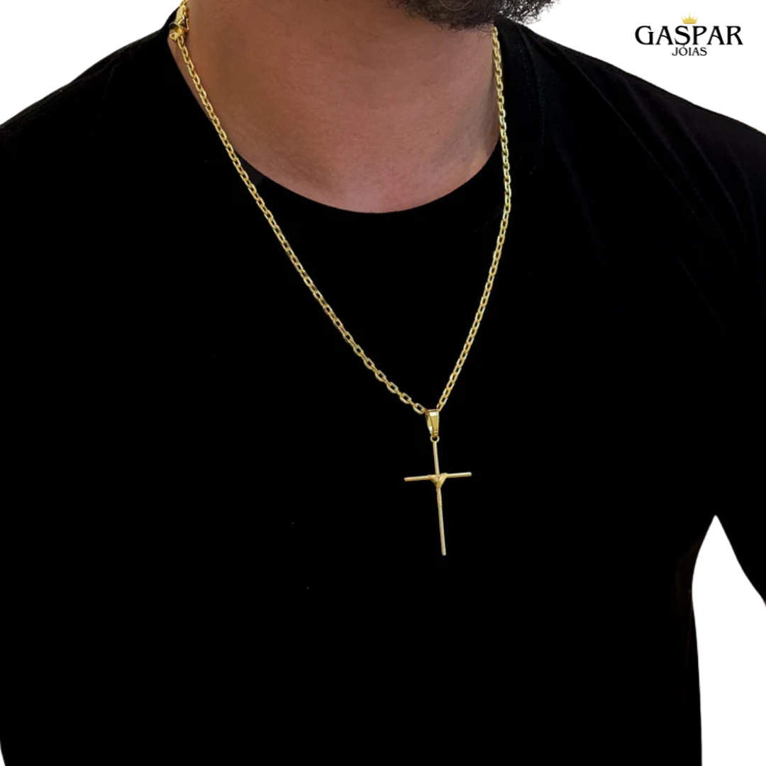 Kit Corrente e Pulseira - Cadeado 2mm + Cruz Palito - Banhado A Ouro 18k