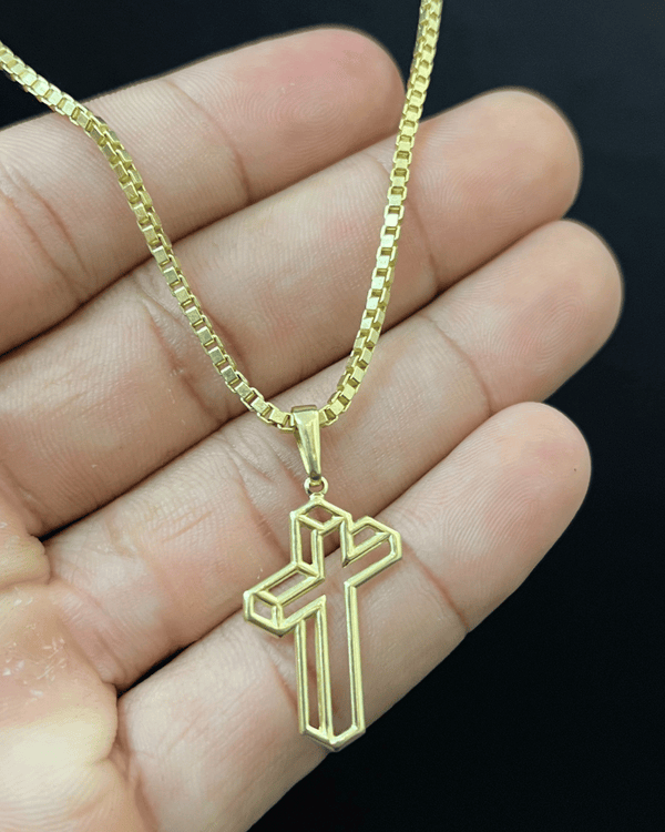 CORRENTE CUBINHO 2MM + PINGENTE CRUZ 3D VAZADA (MOEDA ANTIGA)